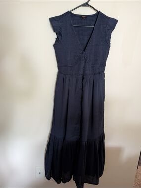 Navy Smocked V-Neck Maxi Dress - Unbranded